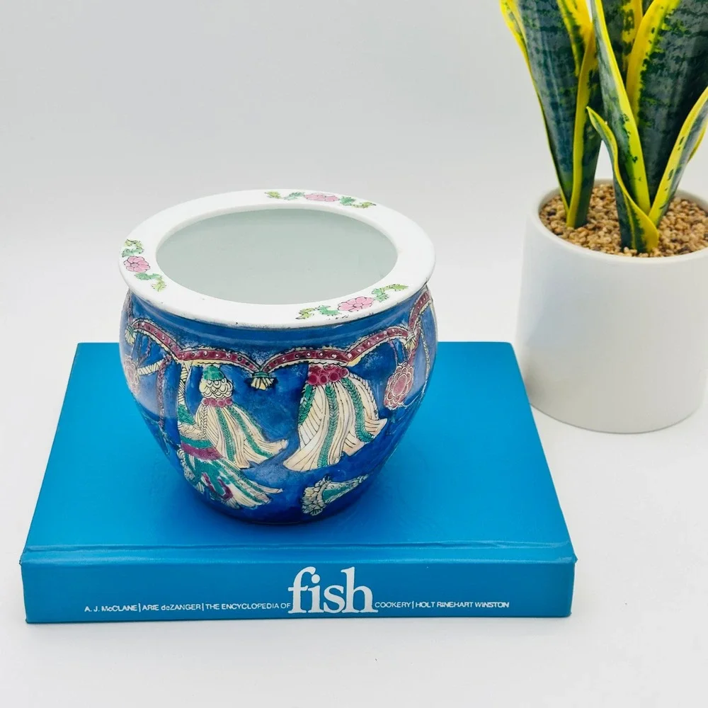 Vintage Chinese Porcelain Fish Bowl Planter Cobalt Blue Tassel Hand Painted